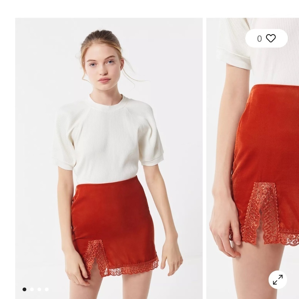 UO Lucy Velvet Lace Trim Mini Slip Skirt Rust Orange